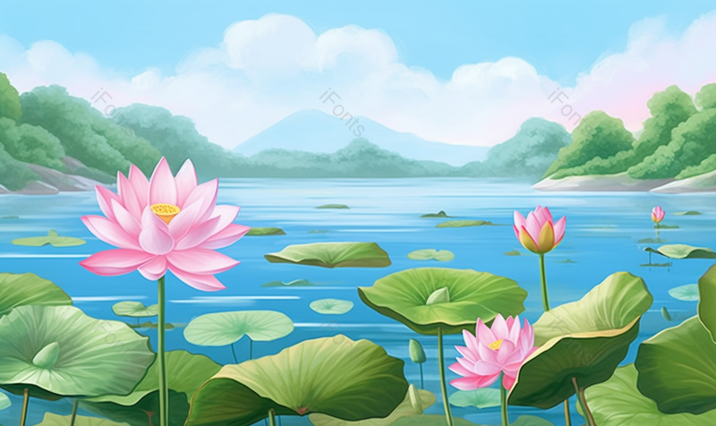 中国风绿色的盛夏池塘里的荷叶和盛开的荷花背景,插画/手绘图,插画/手绘图库,插画/手绘图下载,插画/手绘